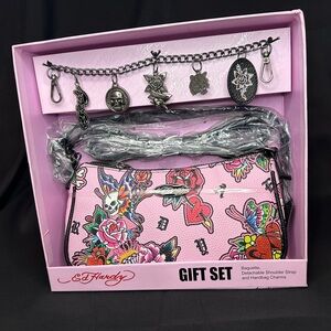 Ed Hardy Pink Floral and Heart Baguette Bag Gift Set